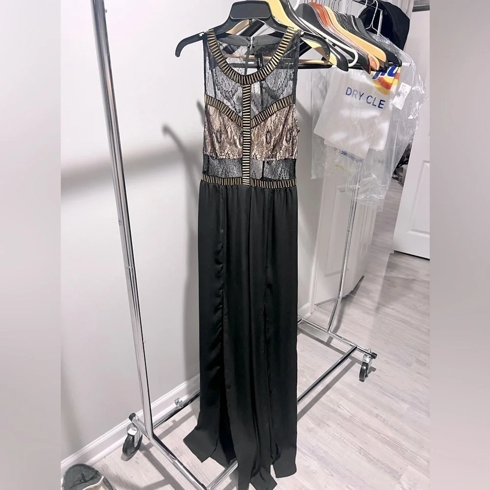 Akira Black Cutout Slit Leg Jumpsuit Evening Statement Piece